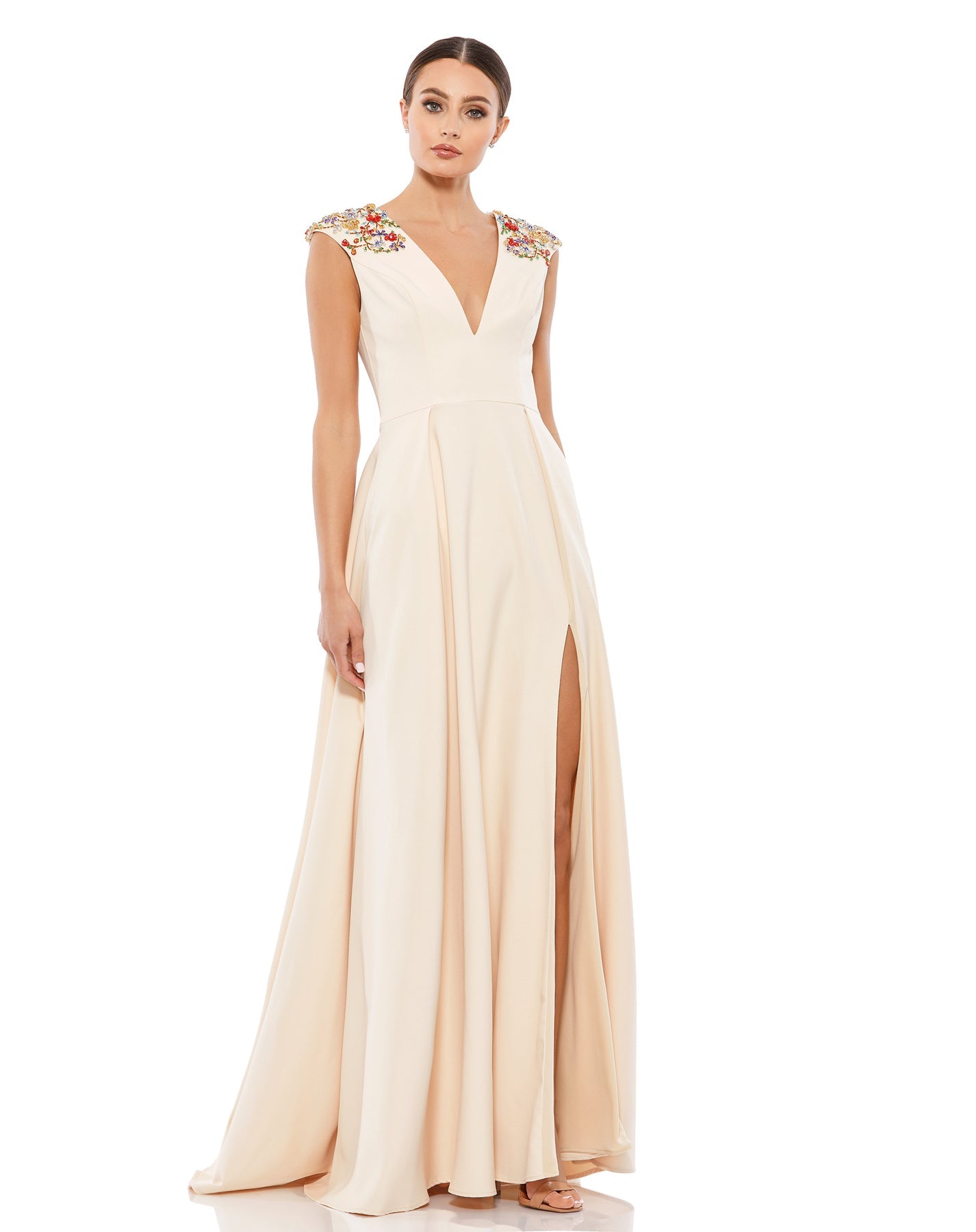 Mac Duggal- Beaded Cap Sleeve V-Neck A-Line Gown