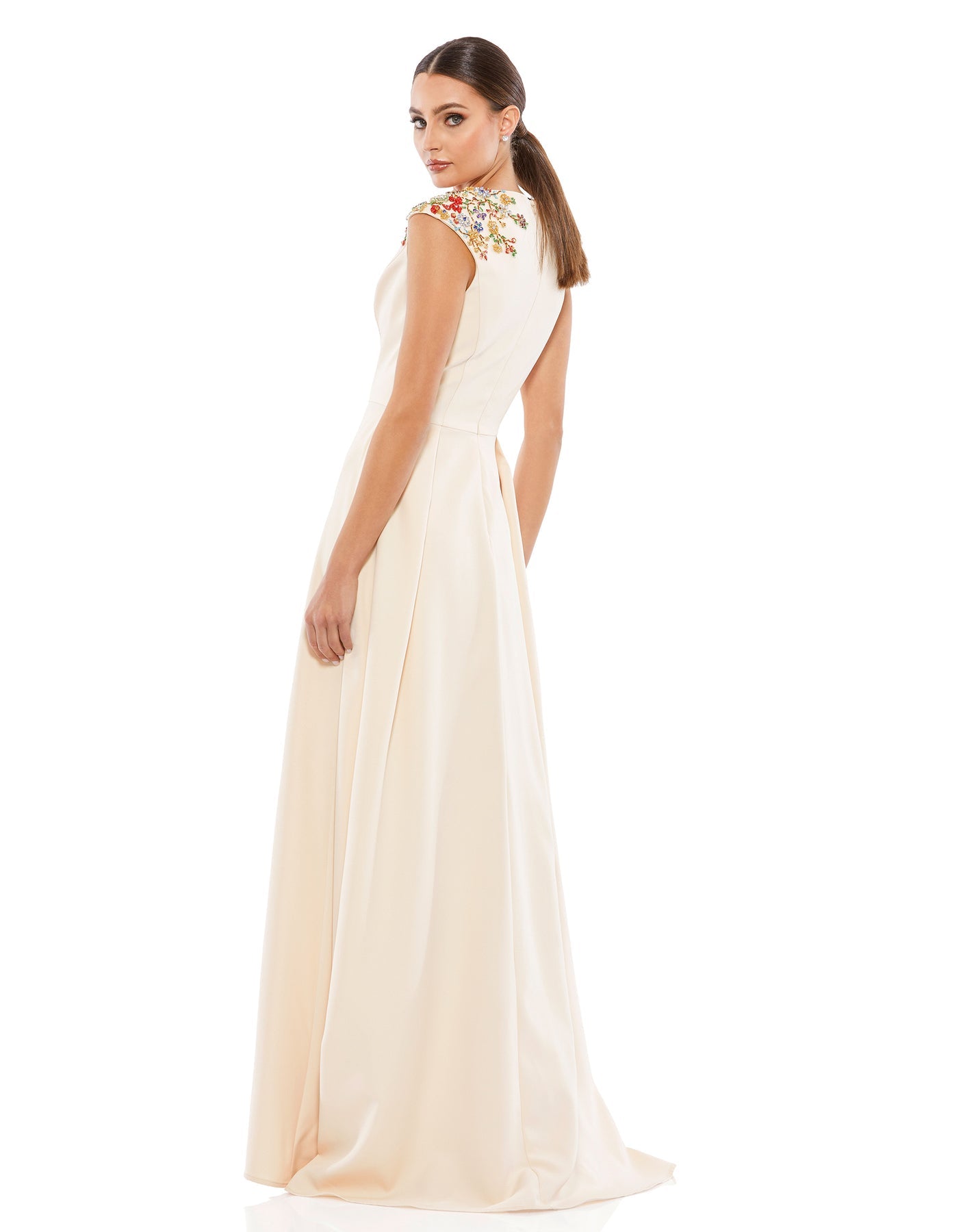 Mac Duggal- Beaded Cap Sleeve V-Neck A-Line Gown