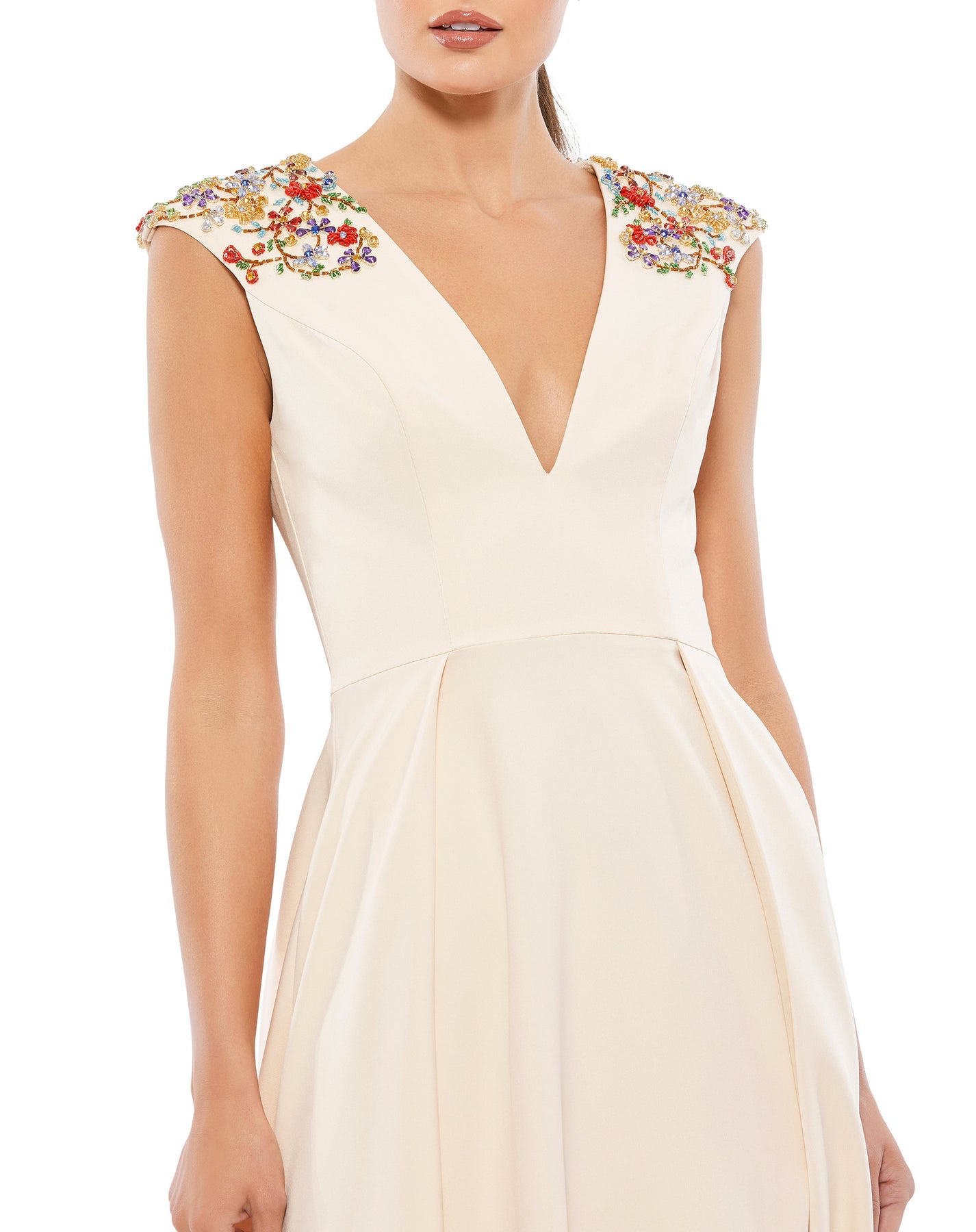 Mac Duggal- Beaded Cap Sleeve V-Neck A-Line Gown
