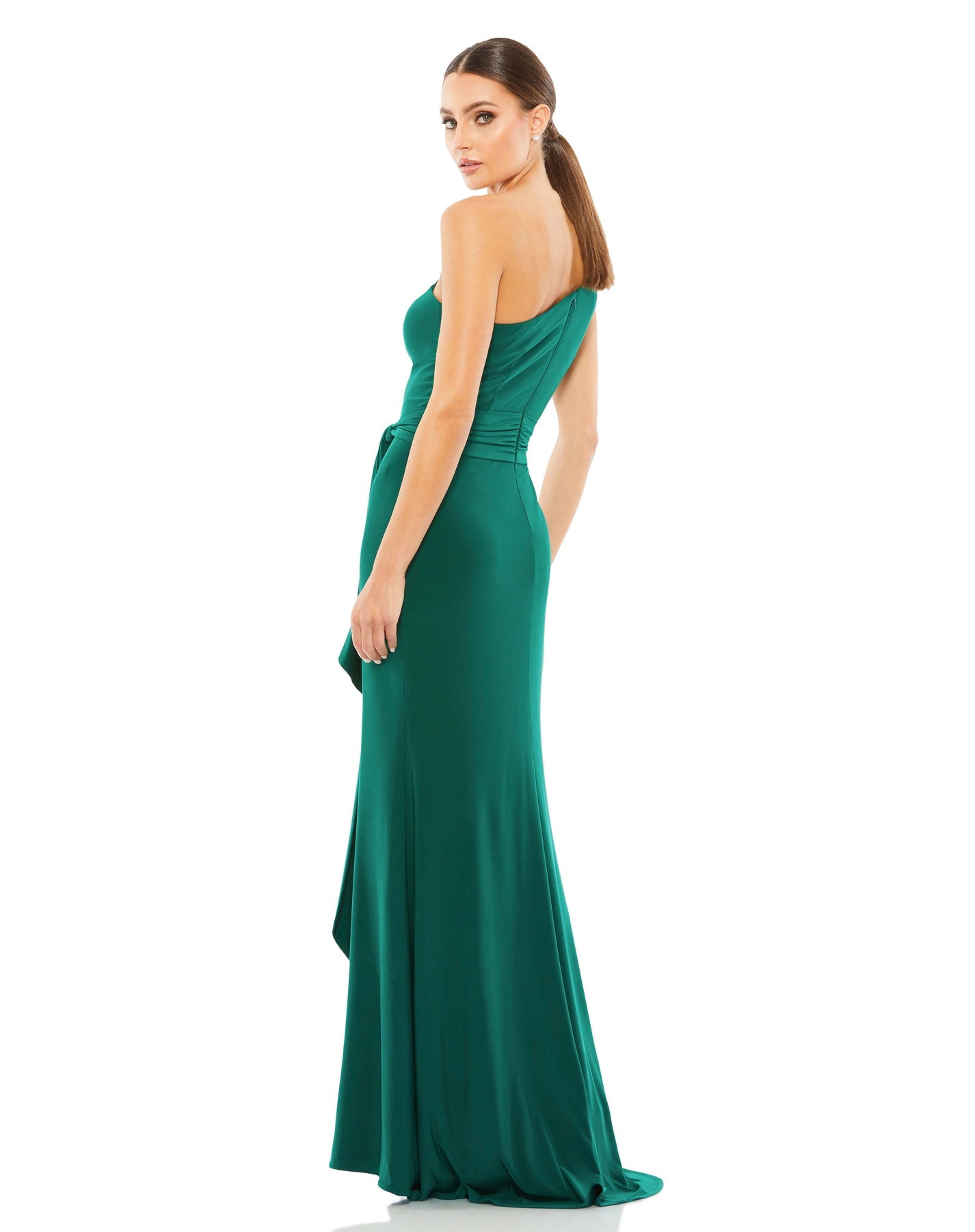 Mac Duggal- Jersey One Shoulder Belted Trumpet Gown
