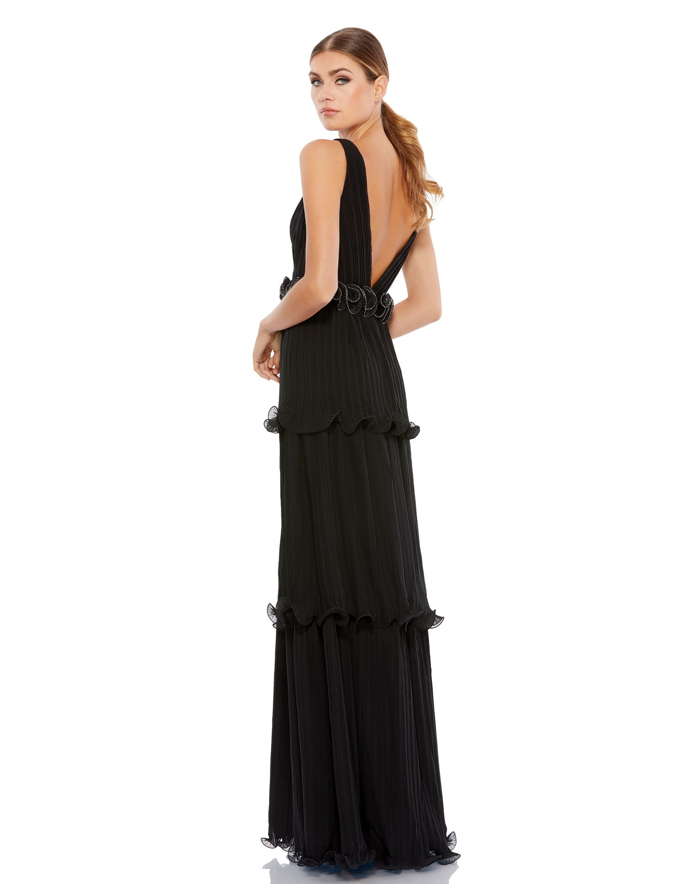 Mac Duggal- Pleated Ruffle Tiered Plunge Neck Gown