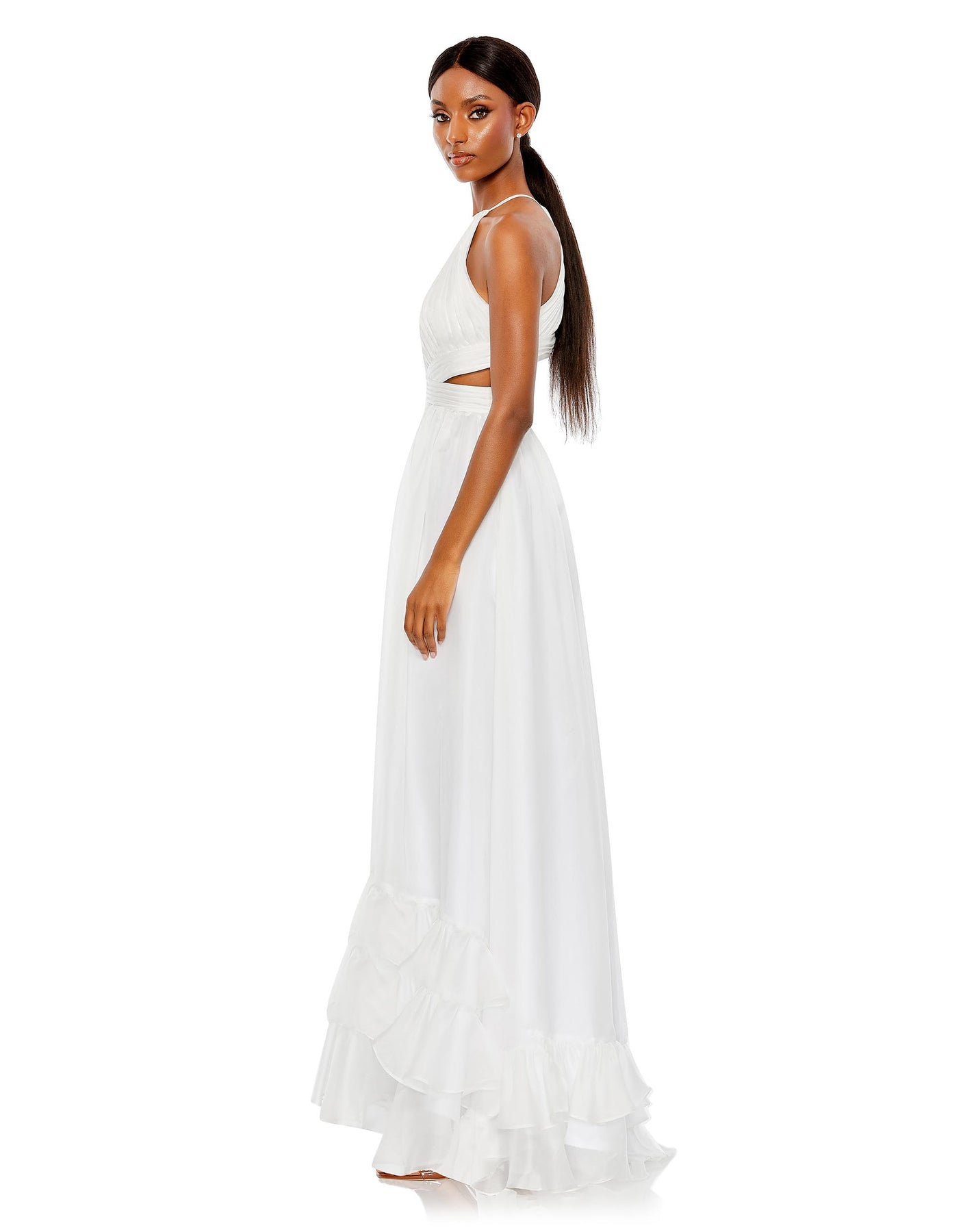 Mac Duggal- Pleated Criss Cross Cut Out Halter Neck Gown