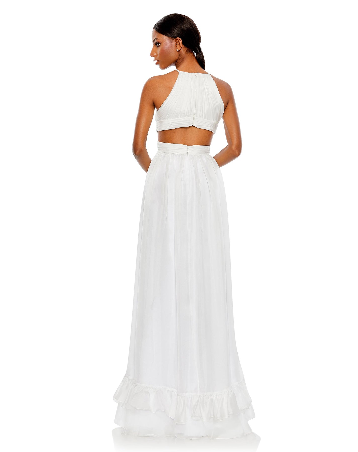 Mac Duggal- Pleated Criss Cross Cut Out Halter Neck Gown