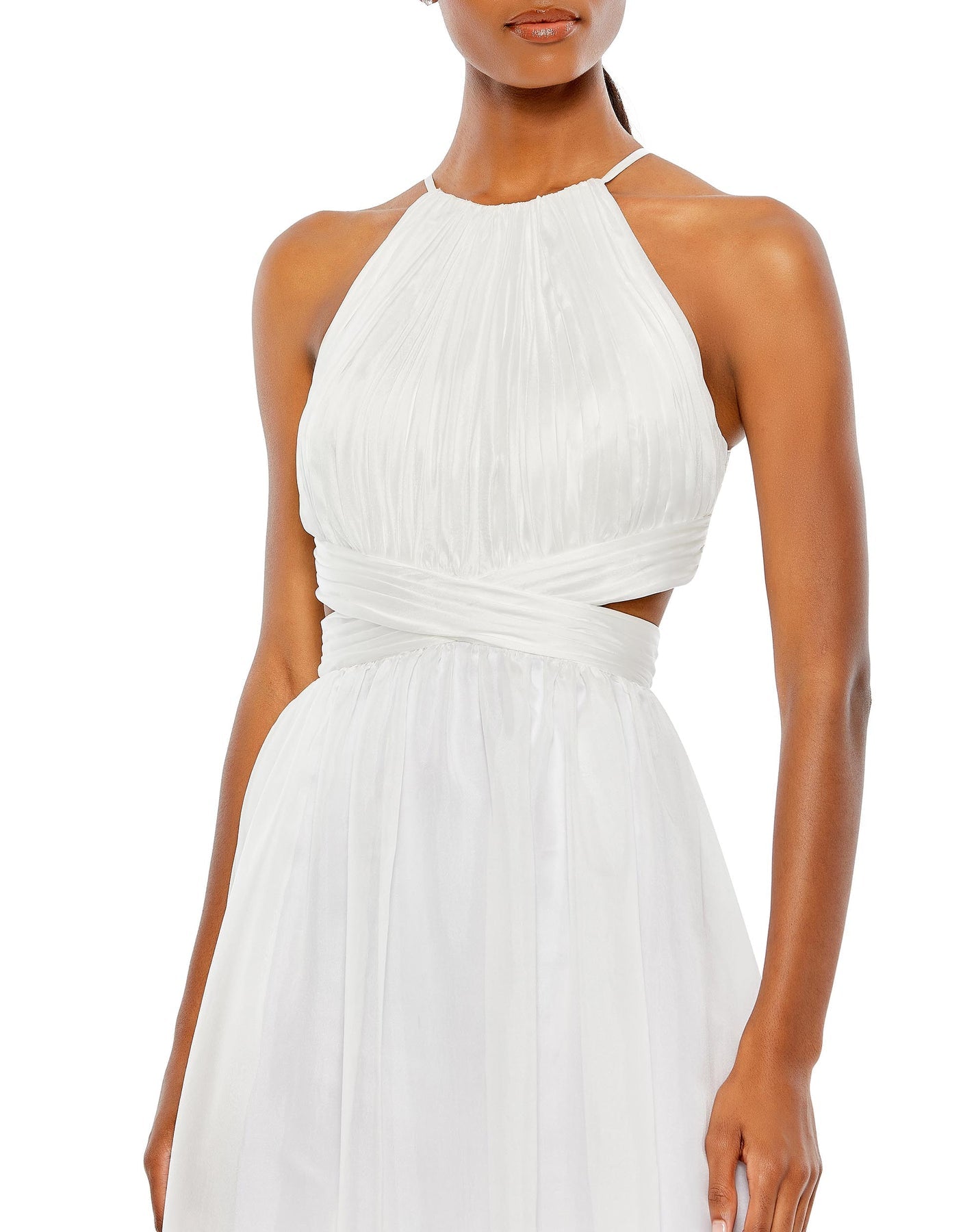 Mac Duggal- Pleated Criss Cross Cut Out Halter Neck Gown
