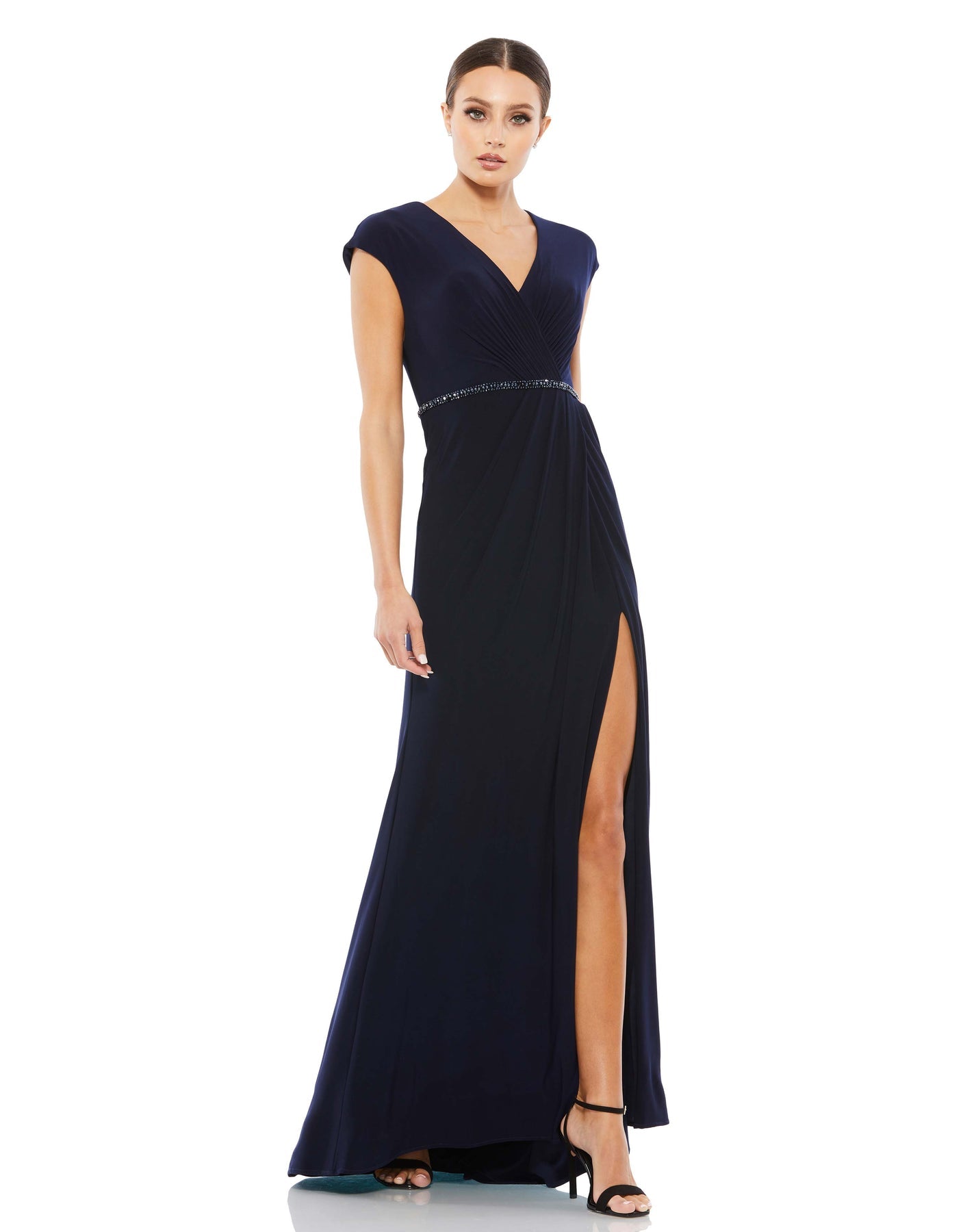 Mac Duggal- Faux Wrap V-Neck Cap Sleeve Gown