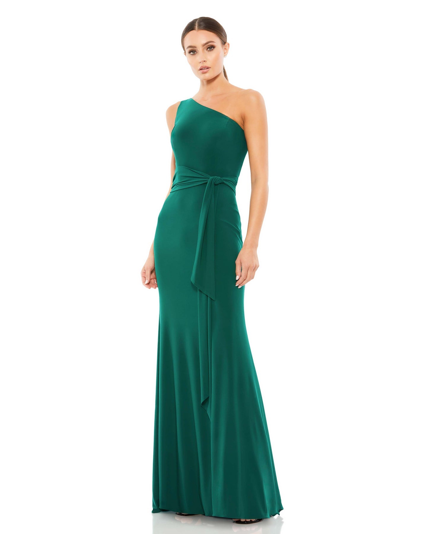 Mac Duggal- Jersey One Shoulder Belted Trumpet Gown