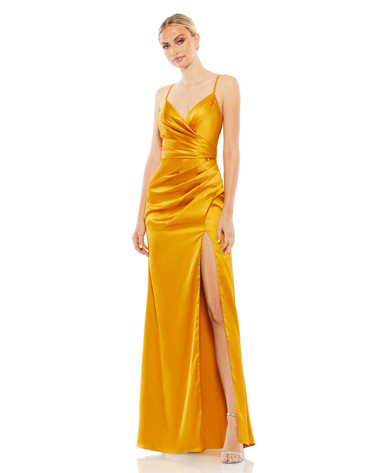 Mac Duggal- Satin Sleeveless Faux Wrap Ruched Gown