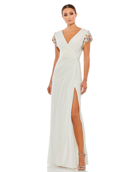 Mac Duggal- Beaded Cap Sleeve Faux Wrap Gown