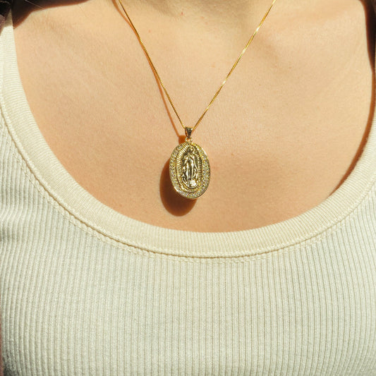 The M Jewelers- The Oval Pave Guadalupe Embossed Pendant Necklace